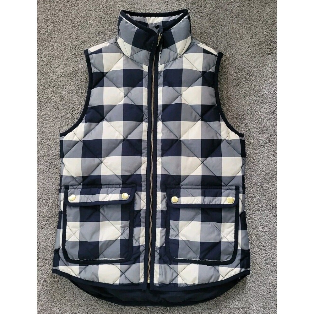 J CREW Women's Excursion Quilted Puffer Vest Buffalo Navy Blue Ivory Size XXS